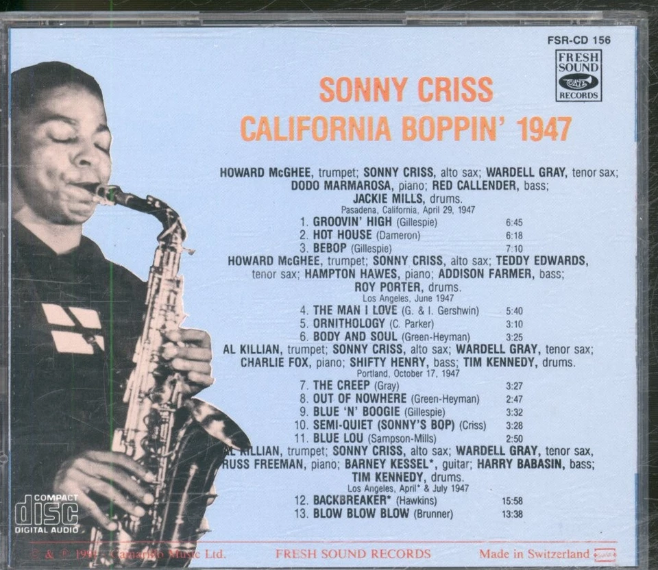 Sonny Criss California Boppin' 1947 CD Schweiz Fresh Sound 1991 FSRCD156 - Bild 2 von 3