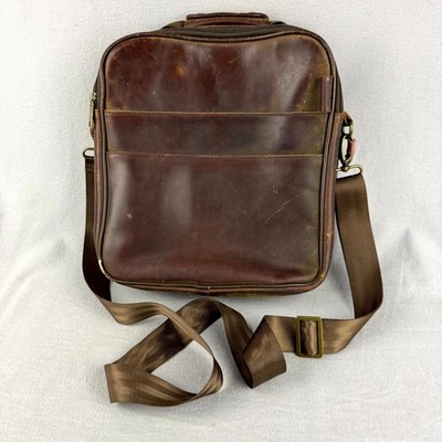 Brookstone Messenger Bag Mens Brown Leather Multi Pocket Detachable Crossbody