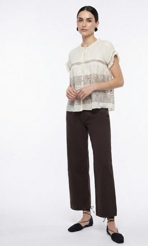 MAX STUDIO Special Edition Cotton/Silk Eyelet Floral Blouse In Beige/Ivory Sz M