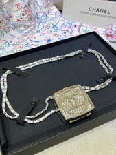 CHANEL Resort Collection Silver CCS Diamond Cube Makeup Mirror Mini Box Necklace