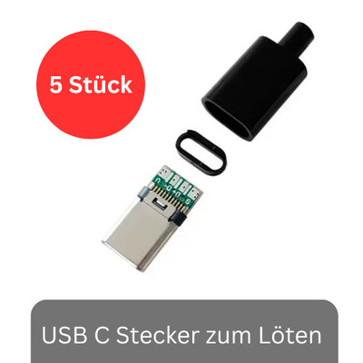 5x USB C Stecker zum Löten Typ A 3A 24 Pins mit Schwarzem Gehäusedeckel