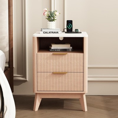 Bedroom Modern Bedside Table Nightstand Charging Station 2 Drawers Open Shelves