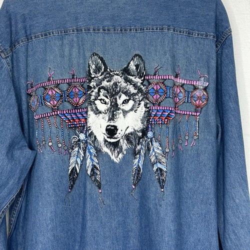 Vintage Mens Denim Shirt Large Native American Graphic 90s Husky Dog Aztec - Picture 19 of 24