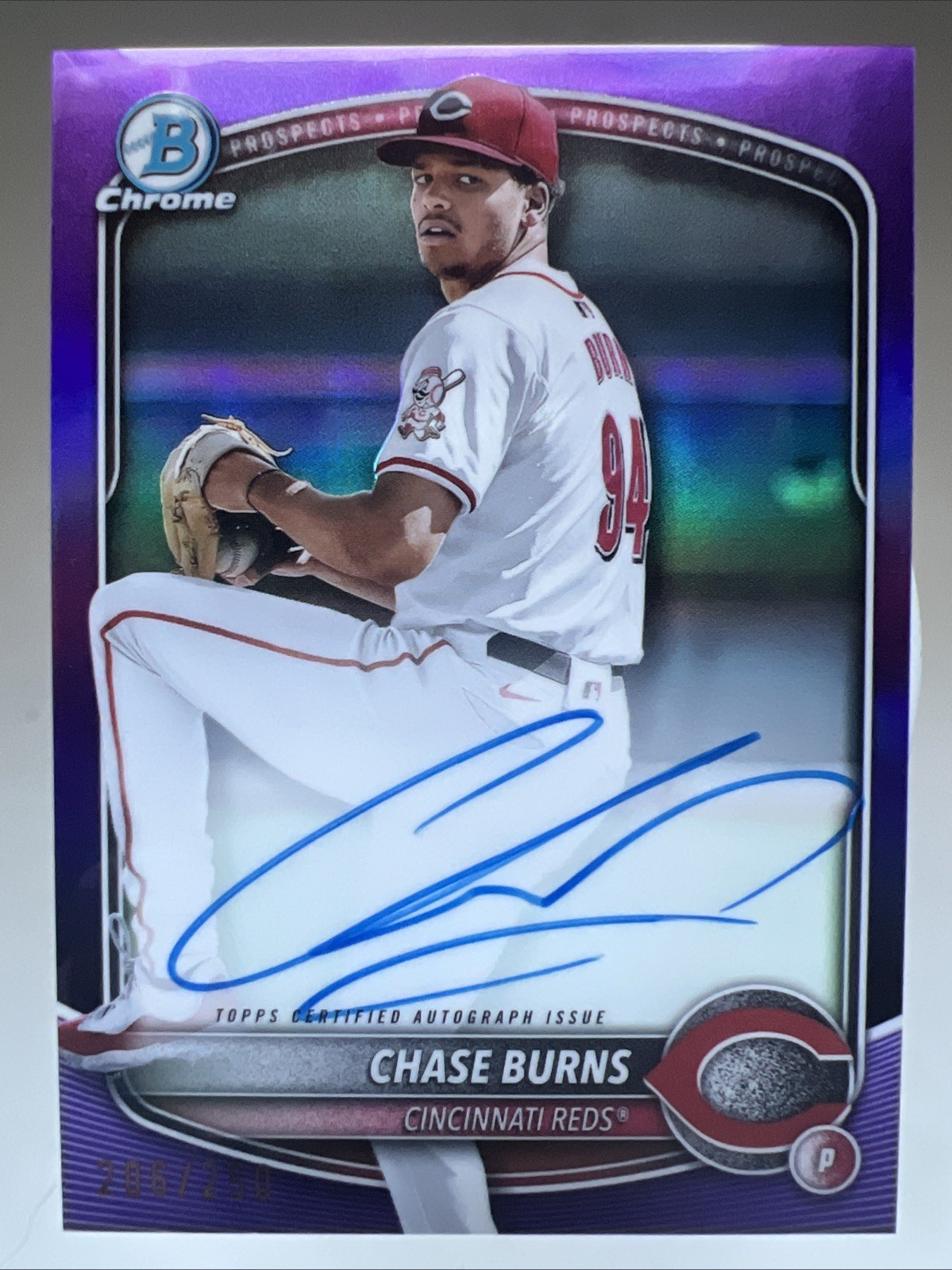 2025 BOWMAN CHROME CHASE BURNS CPA-CB PURPLE REFRACTOR AUTO #206/250  CLEAN
