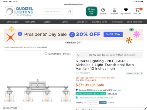 Quoizel NLC8604BN Mid Century Bath Vanity Wall Light, 4-Light Brushed Nickel - Picture 1 of 3