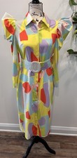 tea & cup Abstract Belted Puff Sleeve Shirt Dress Collared Satin Size M