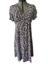 Talbots Petite Floral & Paisley Black Pink Midi Dress 4P Short Sleeve V-Neck