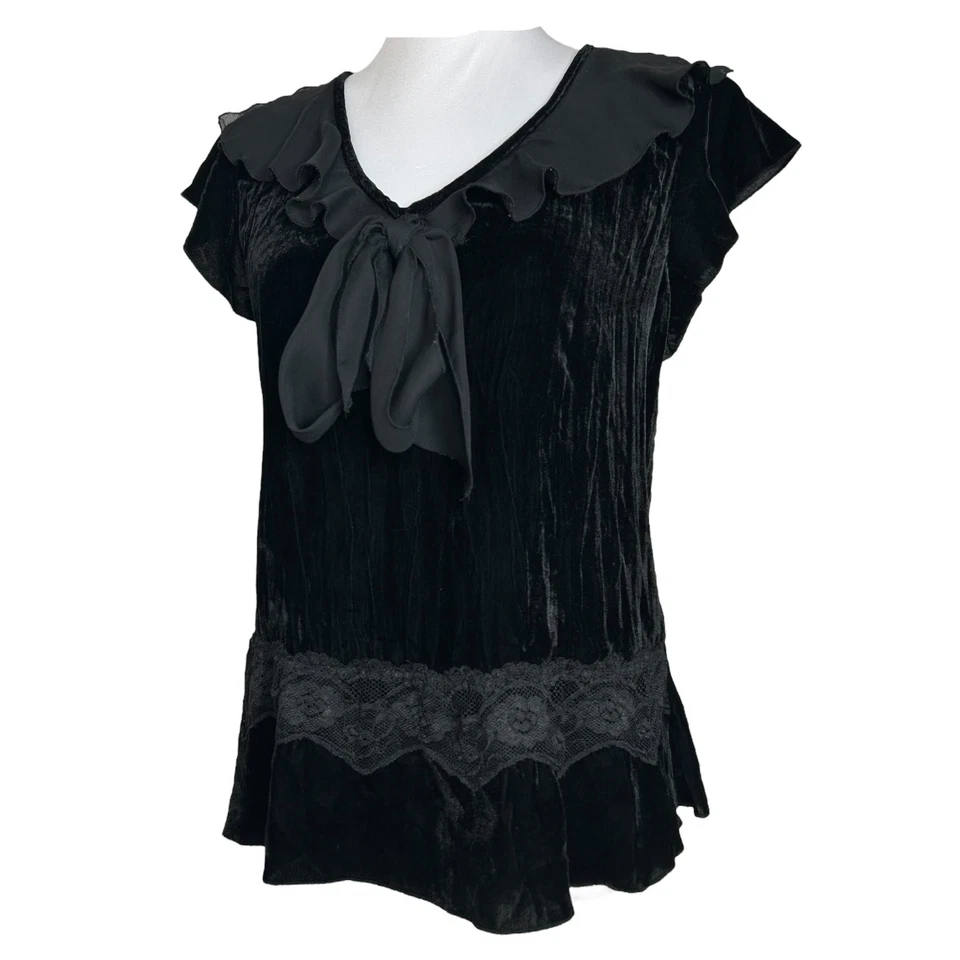 Sunny Leigh Velvet Top M Black Tie Neck Lace Trim Whimsigoth Romantic Blouse - Image 4 of 4