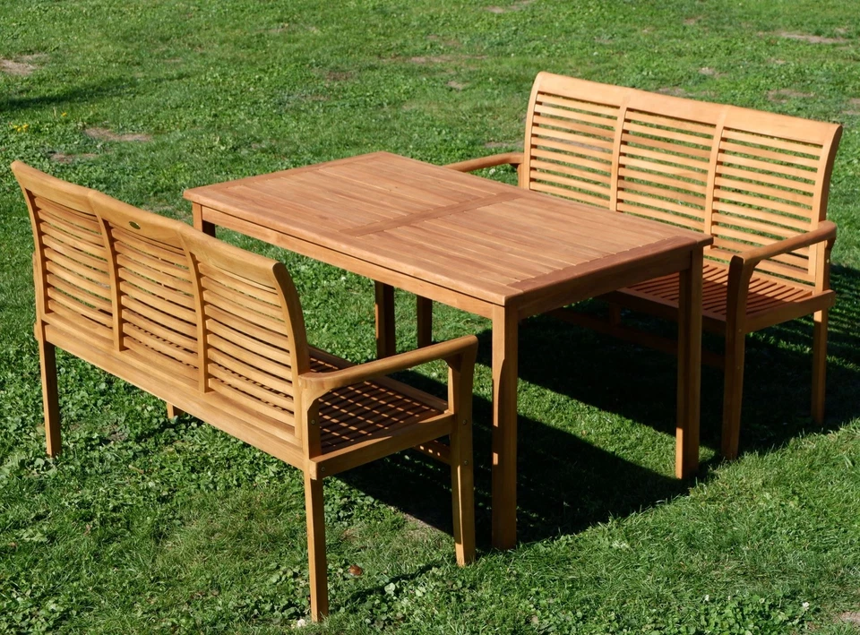 TEAK Gartengarnitur Gartentisch 150 x 80 cm + 2 Bänke je 150cm für 6 Personen - Bild 2 von 4
