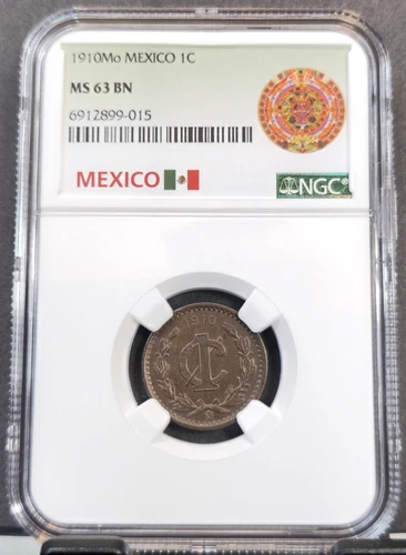1910 MEXICO 1 CENTAVO NGC MS 63 BN RARE MINT STATE BEAUTY