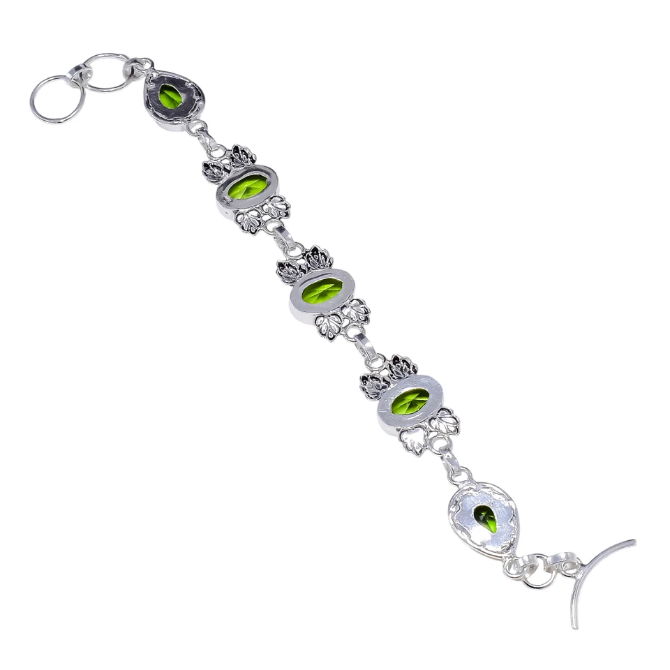 Green Peridot Gemstone Handmade 925 Sterling Silver Jewelry Chain Bracelet - Image 3 of 4