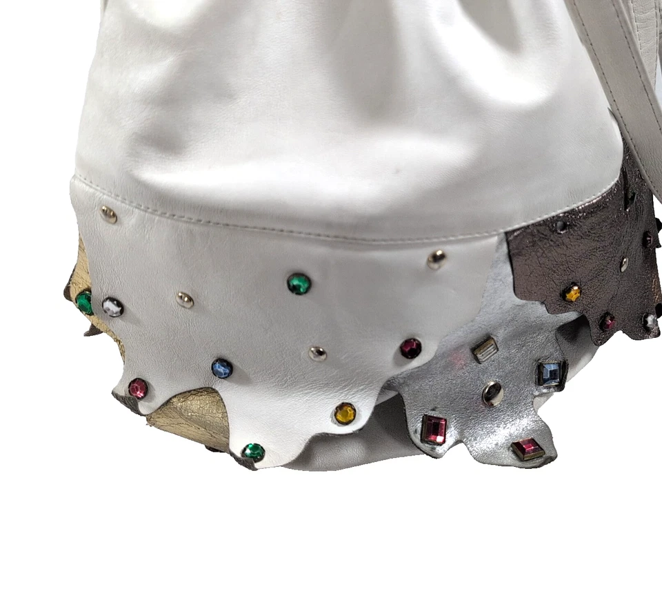 Vintage 80’s Jewel Covered Bucket Bag Purse White Leather - Image 2 of 4