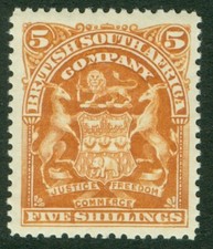 SG 87 Rhodesia 1898-1908. 5/- marrón-naranja. Un fino fresco ligeramente montado como nuevo...