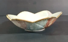 Vintage Porcelain HAND PAINTED MULTI COLORED TRINKET DISH Bowl Gold Rim SIGNED