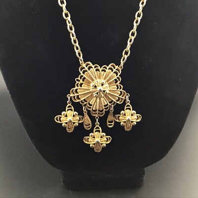 Vtg Necklace GoldT 1960s Boho Renaissance Revival 3D Dome Pendant Dangle 22 L