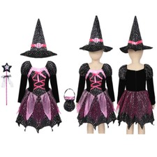 Girls Witch Halloween Costume Sets Sparkly Dress Cosplay Party Fancy Dress Up