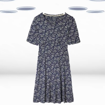 Ex Fat Face Women's Short Sleeve Prairie Sarah Jersey Dress in Navy Floral  UK