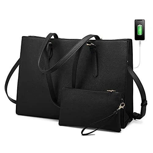 Laptop Bag for Women Tote Bag Large 2PCs Set Fit 15.6 Inch Laptop Black