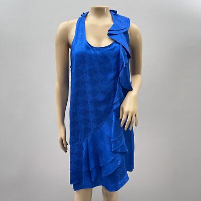 Cache Dress Women 8 Blue Silk Blend Ruffle Mini Cocktatil Jacquard Party Glam