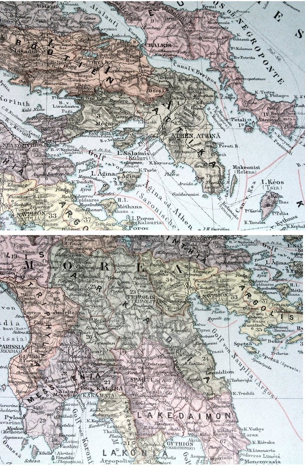 1905 ORIGINAL ANTIQUE MAP OF GREECE AEGEAN SEA / ATHENS INSET MAP