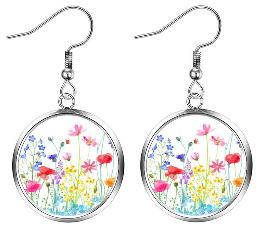 Spring Flower Watercolor Art Silver Dangle Earrings-image