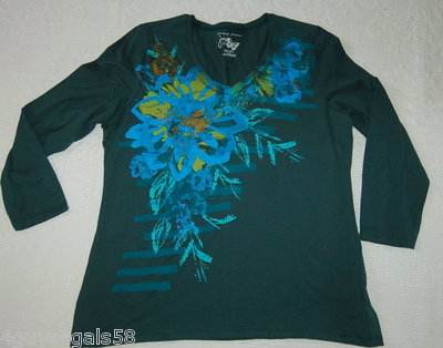 Womens L/S Knit Shirt FOREST GREEN Turquoise Floral GOLD GLITTER Size 2X 18W-20W