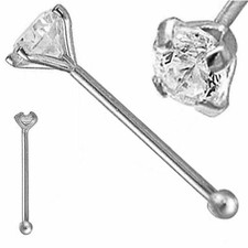 14k Solid White Gold Nose Piercing 22g Nose Bone with Cubic Zirconia