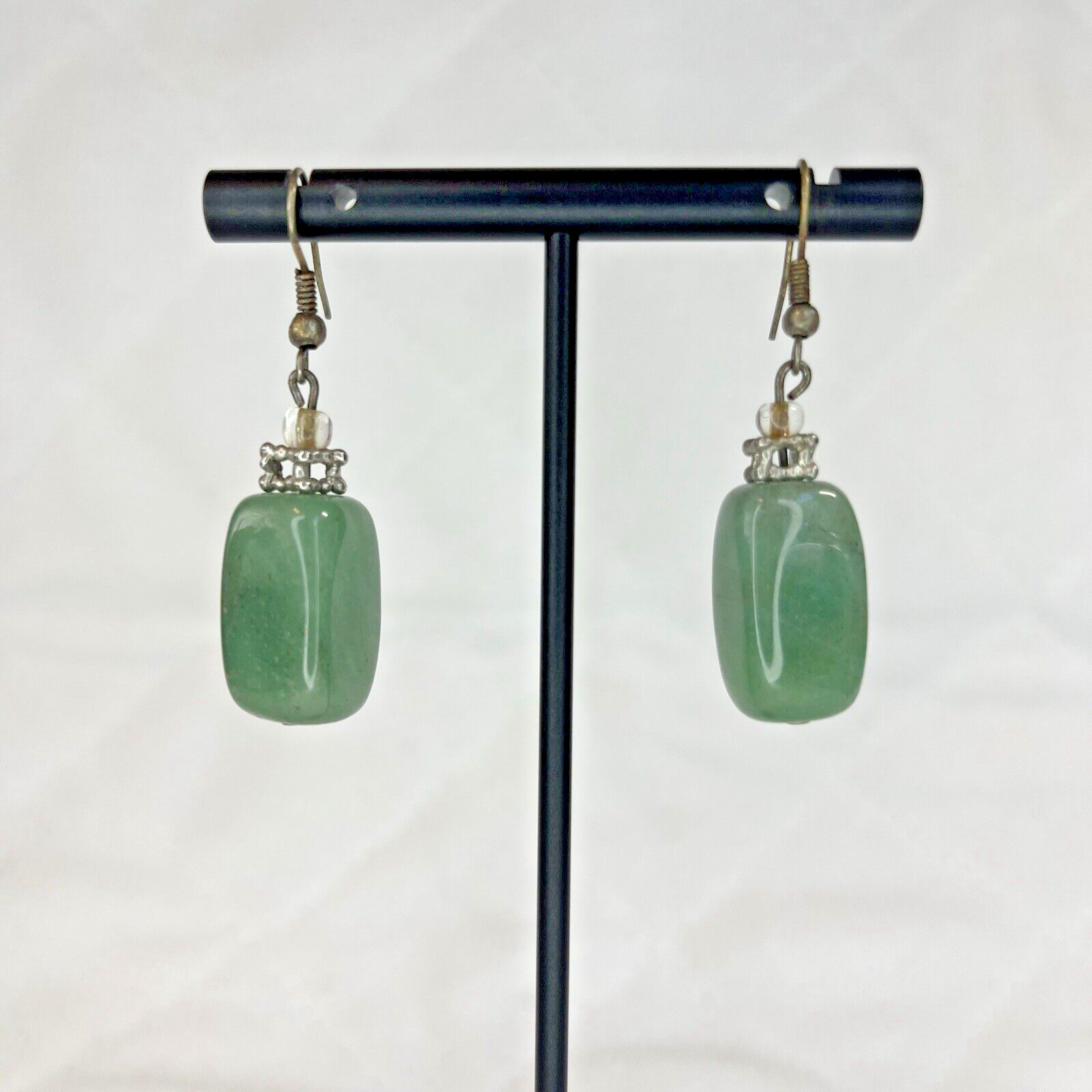 Jade rectangle Dangle Earrings Silver Tone Bead - image 1