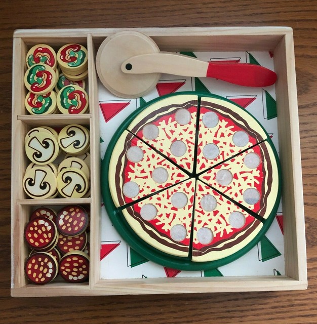 melissa & doug pizza party wooden play food set with 54 toppings