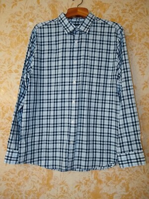 Perry Ellis Button Up Shirt XL Adult Blue Plaid Slim Fit Mens EUC