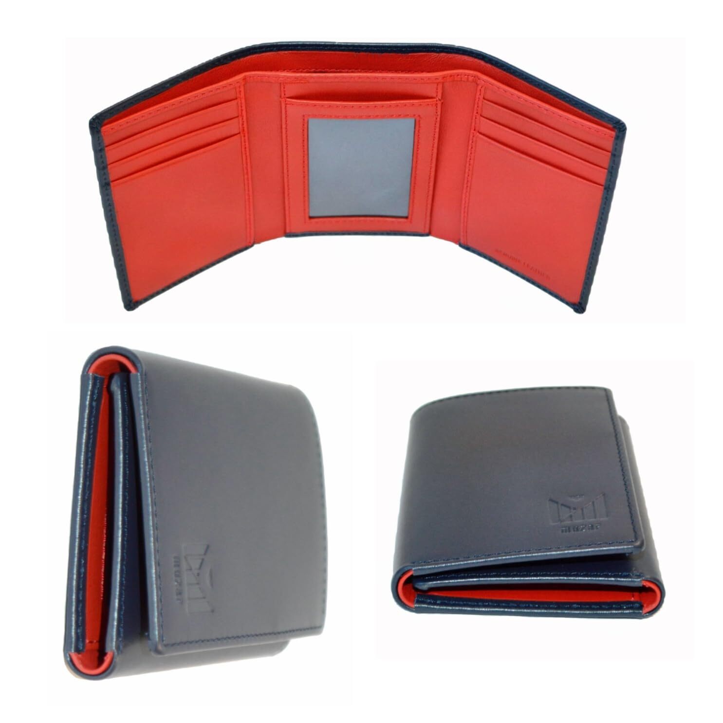 Trifold Premium Leather Wallet for Men with RFID Blocking (Navy Red)