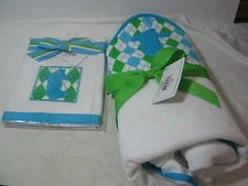 MUDPIE INITIAL "T " Bath Hooded Towel and Burp Cloth 2 pieces  Blue/Green New