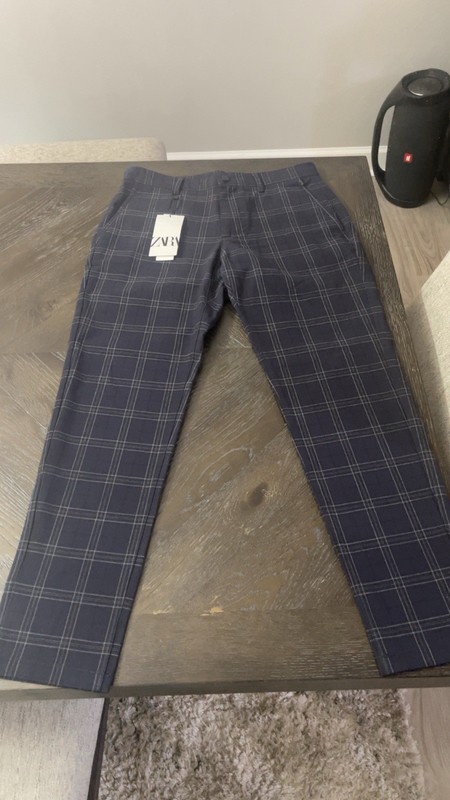 Zara Navy Blue Check Plaid Dress Pants