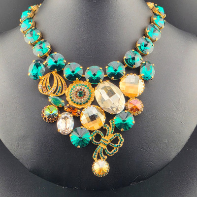 Massive Signed Hadar Emerald Green Rivoli Crystal Bib Statement Runway Necklace
