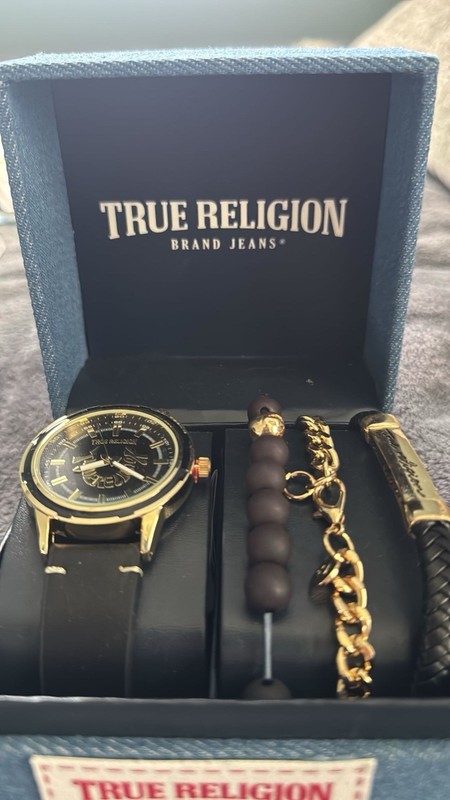 True Religion Men's Watch & Bracelet Jewelry Set, Gold/Black