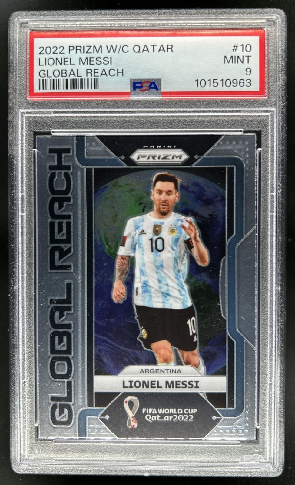 2022-23 Panini Prizm World Cup Lionel Messi Global Reach #10 Argentina PSA 9