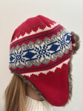 Hanna Andersson Trapper Hat Faux Fur Red Fair Isle Sz M