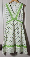 VTG 60s White Green Polka-Dots Dress Size S-M Rockabilly Garden Tea Party Mod 