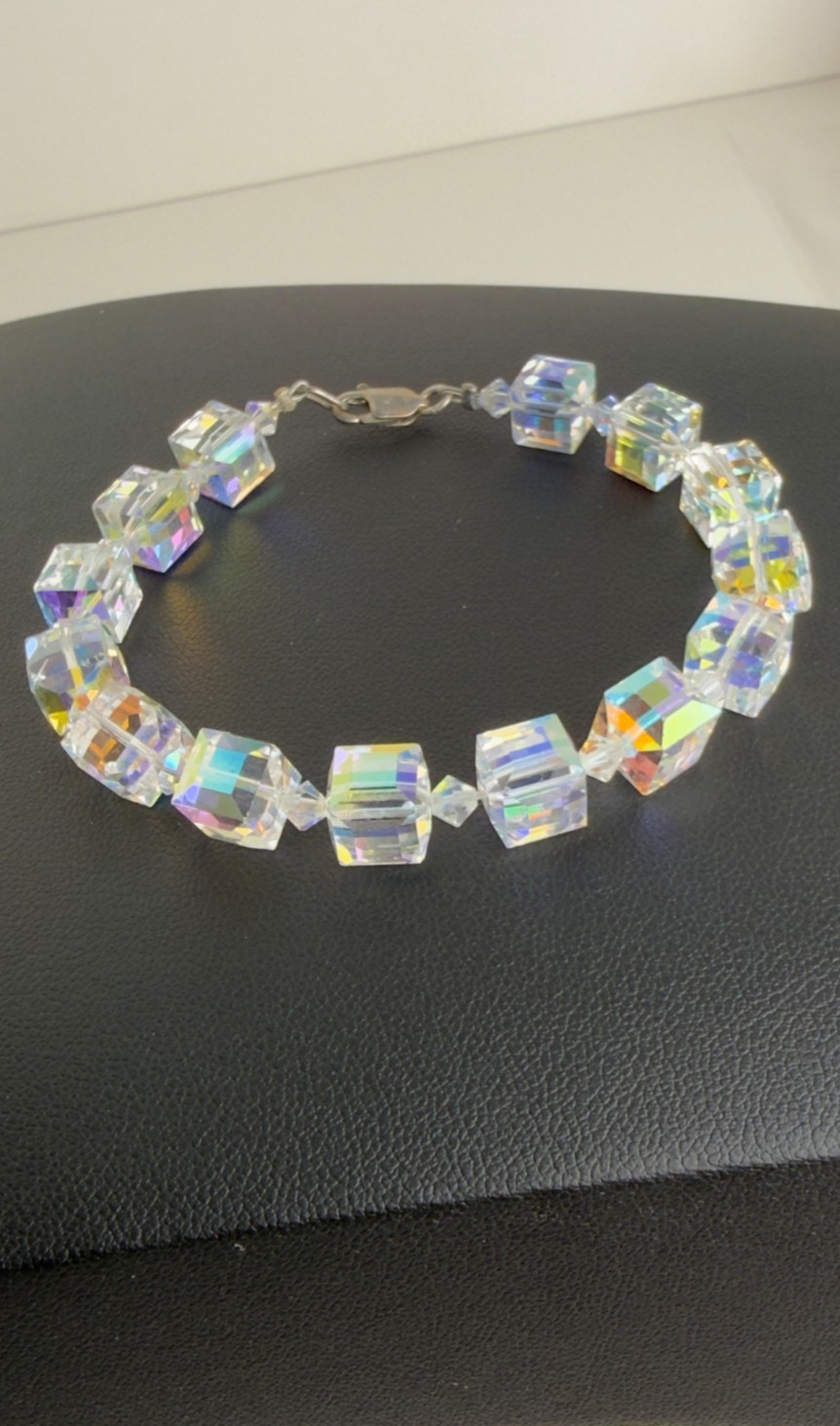Vintage AB Aurora Borealis Crystal Cube Bead Bracelet 925 Sterling Silver Clasp
