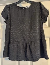 LOFT Boho Abstract Heart Poplin Size XS Tulip Sleeve Ruffle Hem Blouse 