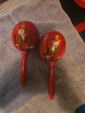 Red 10" Hand Painted Mexico Maracas Set Shakers Accented with Florals