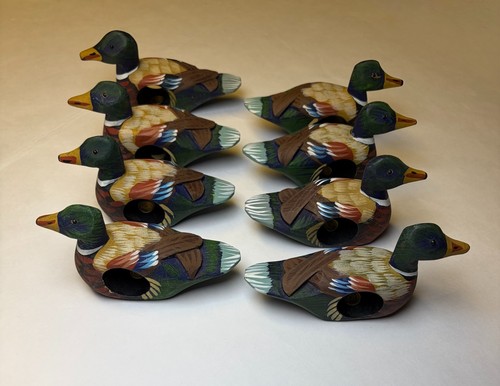 Set Of 8 Hand Carved Hand Painted Mallard Duck Napkin Rings Rustic Cabincore