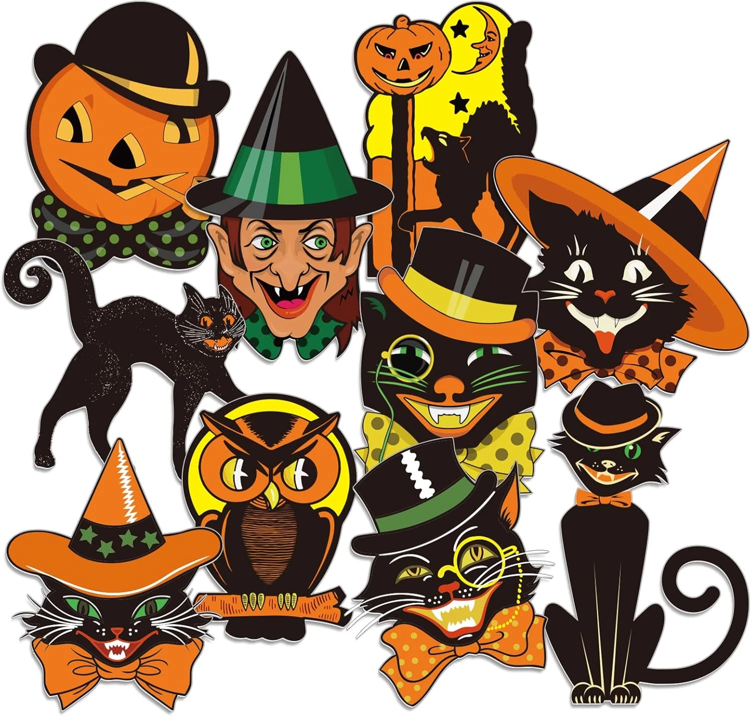 40Pcs Vintage Halloween Decorations - Assorted Retro Pumpkin, Cat, Owl Cutouts