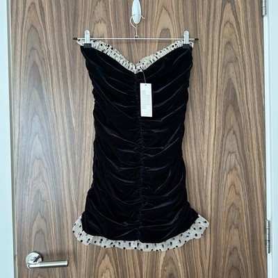 Kimchi Blue Black Velvet Ruched Polka Dot Frill Bandeau Mini Dress L NEW  £49