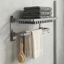 24 inch Towel Rack for Bathroom Wall Mounted, 2 Tier Foldable Bathroom Shelf