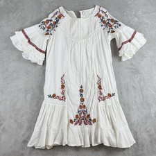 Free People Pavlo Mini Dress XS White Embroidered Ruffled Sleeves Hem Boho