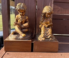 Vintage H10" W5  Boy  Girl Reading Bookends shelve Figurines Bronze color Decor
