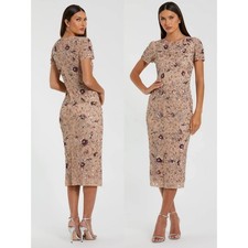 NWT Mac Duggal Beige Floral Embellished Short Sleeve Midi Dress $598 - Size 14
