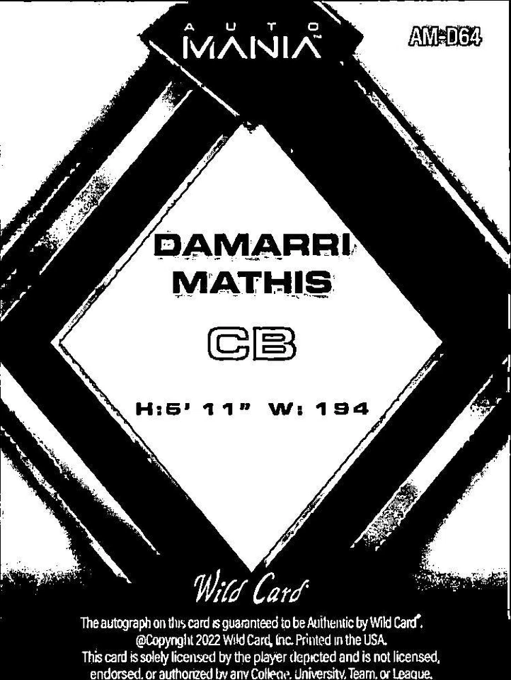 2022 Wild Card Auto Mania Damarri Mathis Diamond Pulsar Purple Rookie RC #d/8 - Image 2 of 2