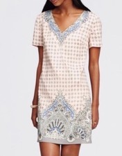 Ann Taylor LOFT Women's Size Medium Blush Pink Paisley Shift Dress V Neck